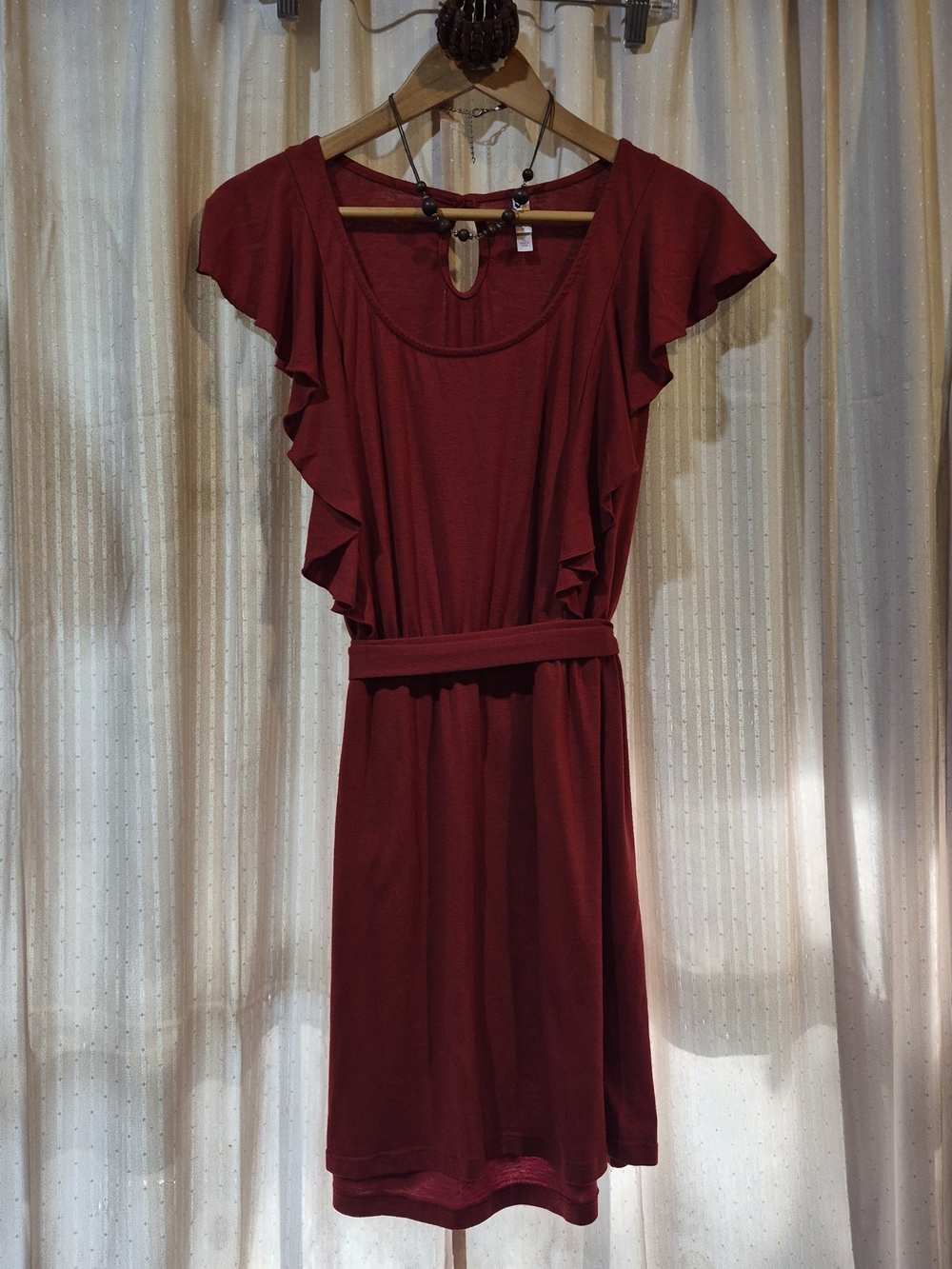 Xhilaration Burnt Orange/rust  Ruffle Dress & Boho Wooden Jewelry Set Bundle